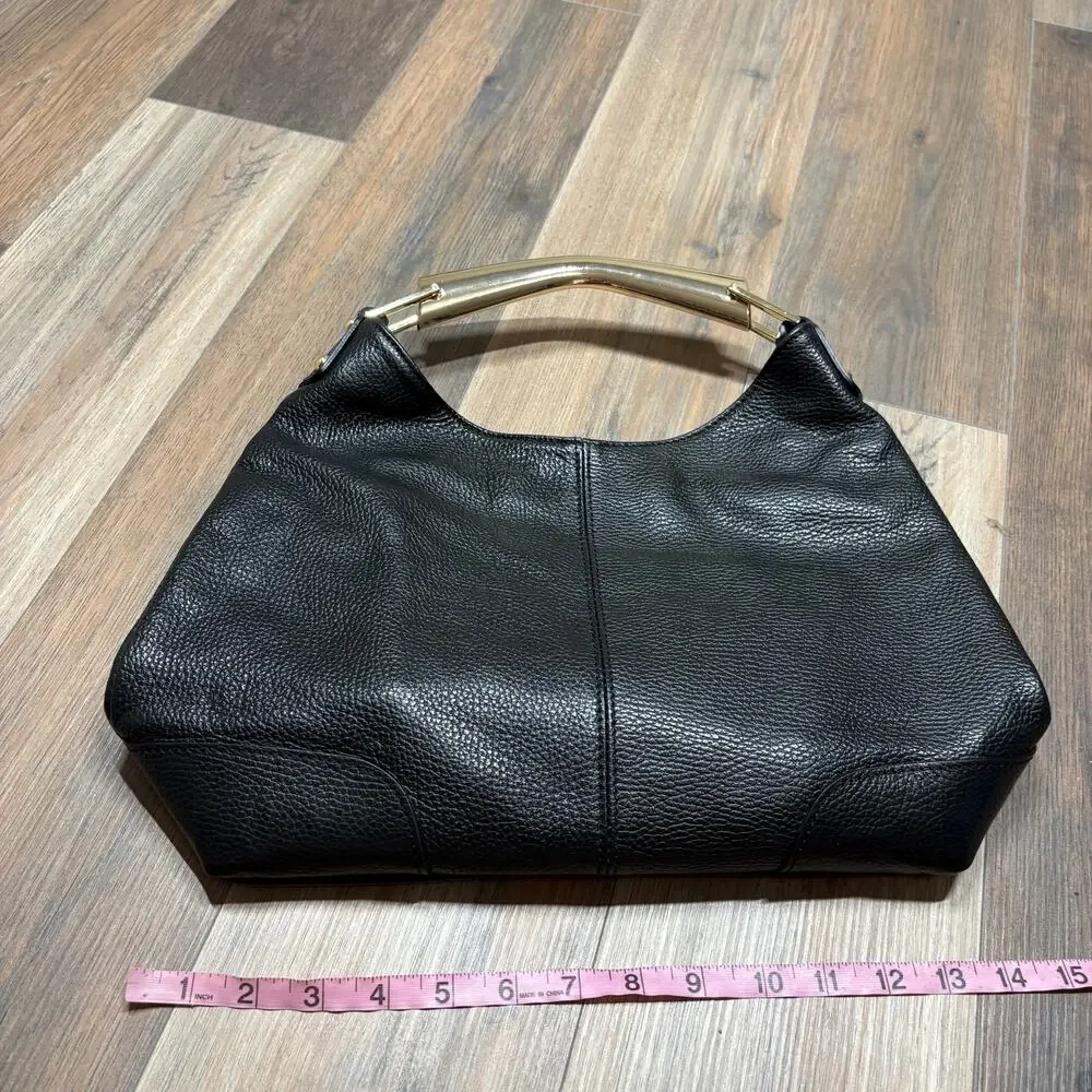 Vera Pelle Gold Top Handle Hobo Bag Black Genuine Leather Inner Zip Pocket Italy